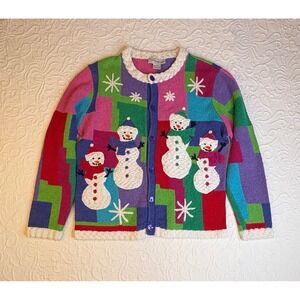 Belle Pointe Vintage Womens Med Snowman Patchwork Cardigan Sweater Ramie blend
